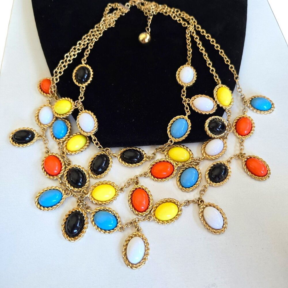 Kate Spade NY "Roped In" 3 Strand Necklace Colorful Resin Bib Gold Tone RARE